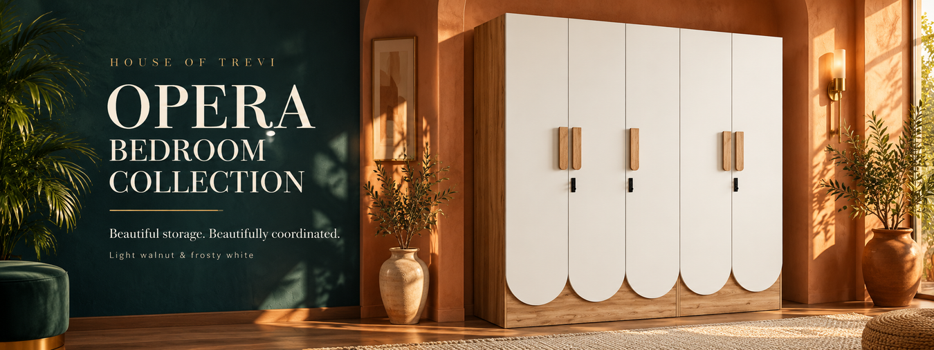 Opera Bedroom Collection featuring the five-door wardrobe in light walnut and frosty white, styled in a sunlit terracotta and teal room