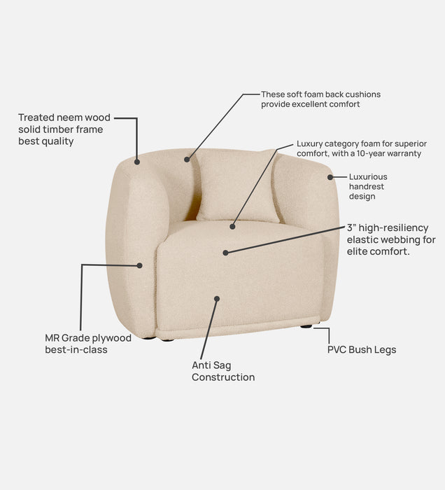 Rosetta Luxury Boucle Fabric 1 Seater Sofa In Cream Color