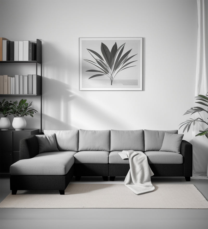 Bliss Fabric LHS 6 Seater Sectional Sofa In Mystic Black & Velvet Grey Colour
