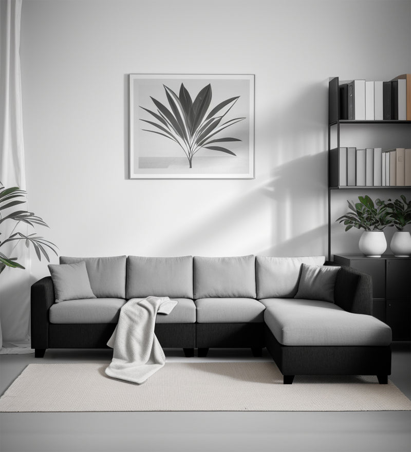 Bliss Fabric RHS 6 Seater Sectional Sofa In Mystic Black & Velvet Grey Colour
