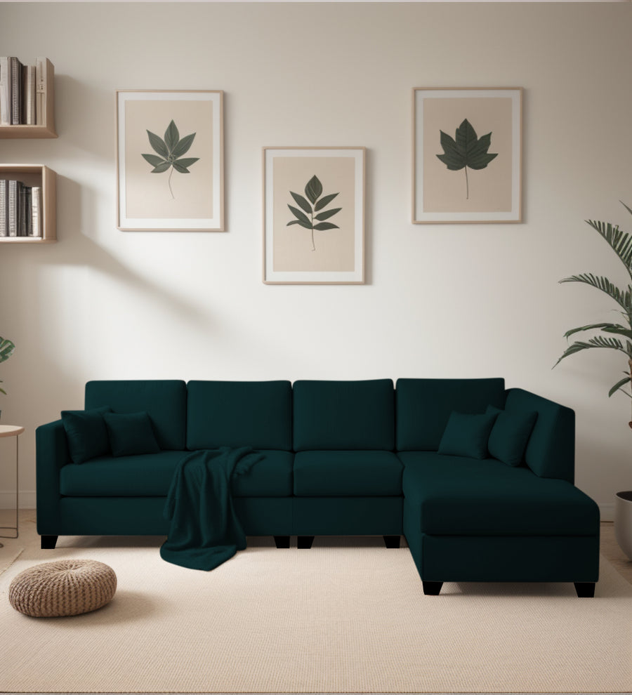 Bliss Velvet RHS 6 Seater Sectional Sofa In Emerald Green Color