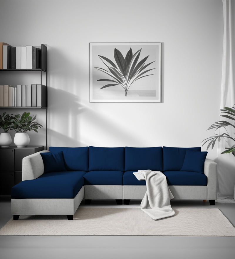 Bliss Fabric LHS 6 Seater Sectional Sofa In Royal Grey & Velvet Blue Colour