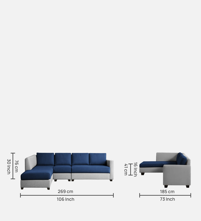 Bliss Fabric LHS 6 Seater Sectional Sofa In Royal Grey & Velvet Blue Colour