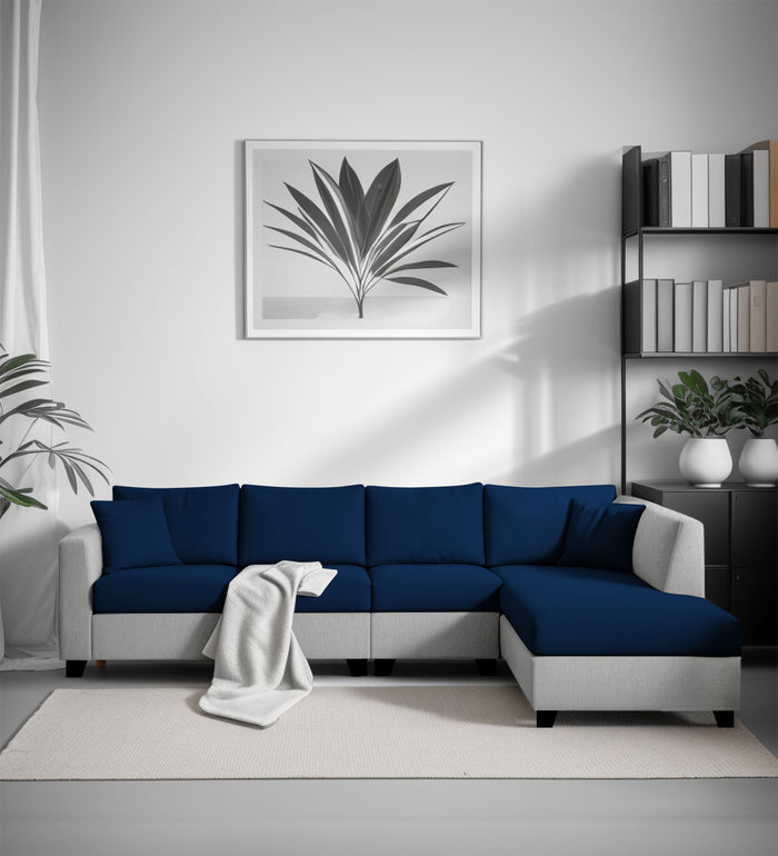 Bliss Fabric RHS 6 Seater Sectional Sofa In Royal Grey & Velvet Blue Colour
