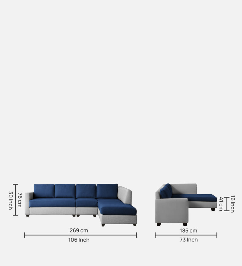 Bliss Fabric RHS 6 Seater Sectional Sofa In Royal Grey & Velvet Blue Colour