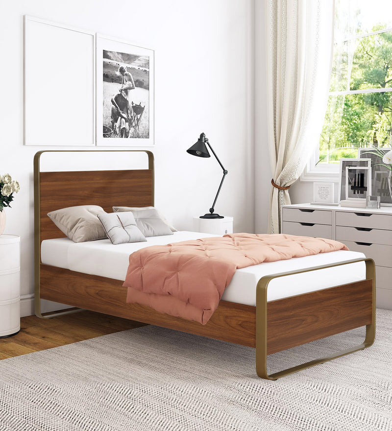 Emerald Luxury Enigneered Wood and Iron Single Bed in Teak Colour Finish