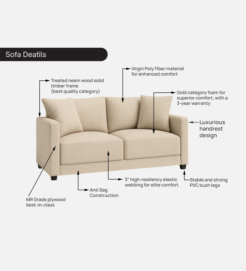 Enchant 2.0 Fabric 2 Seater Sofa In Silk Cream Colour