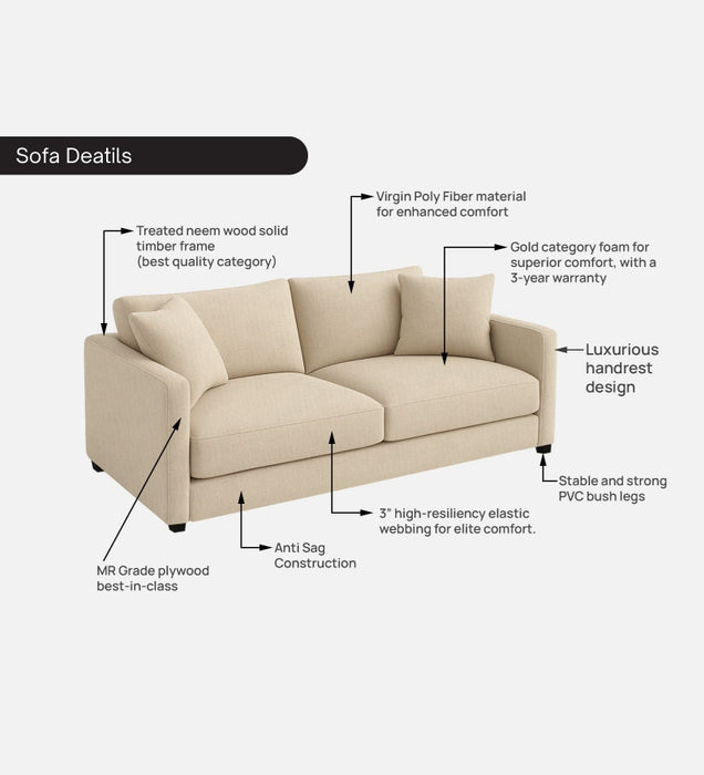 Enchant 2.0 Fabric 3 Seater Sofa In Silk Cream Colour