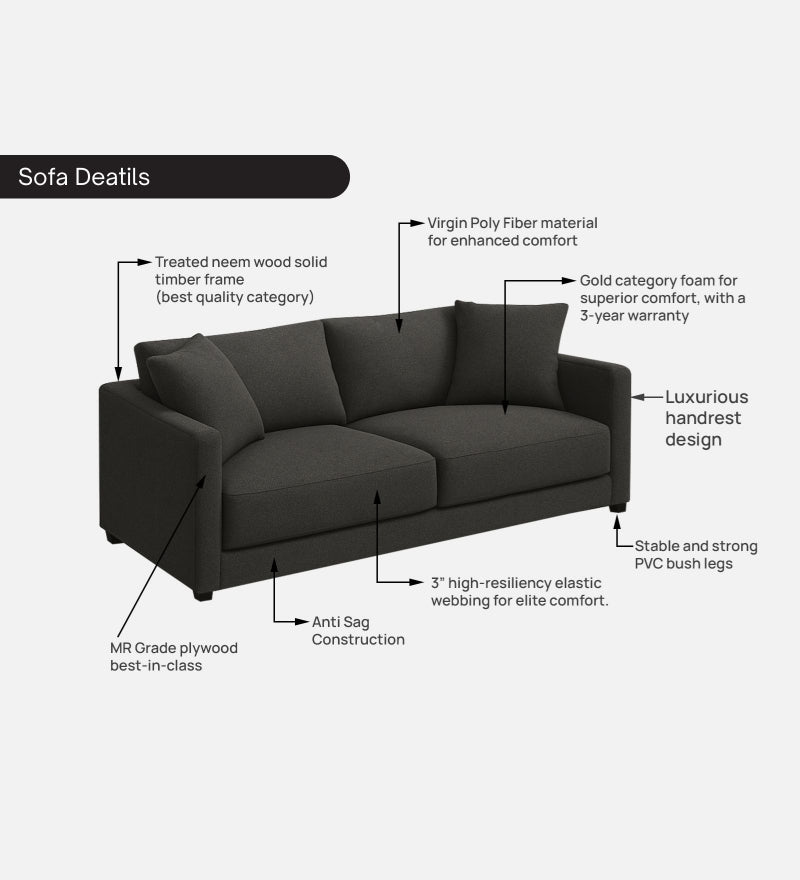 Enchant 2.0 Fabric 3 Seater Sofa In Steel Grey Colour