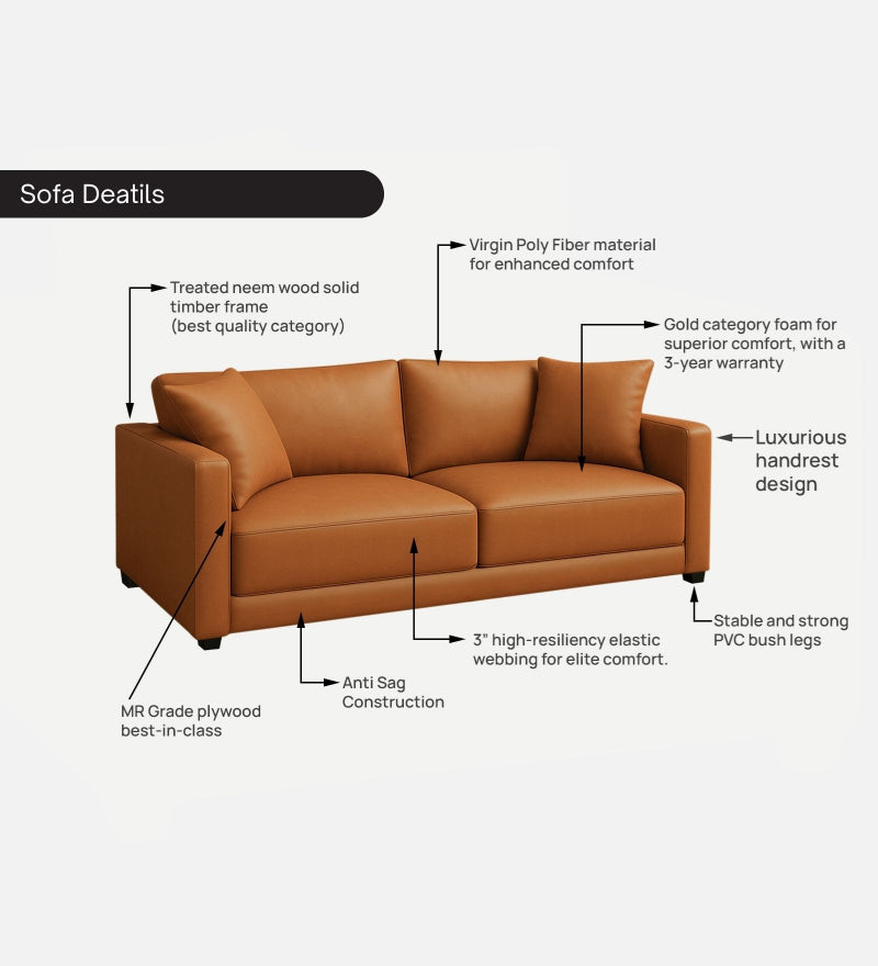 Enchant 2.0 Leatherette 3 Seater Sofa In Tan PU Colour