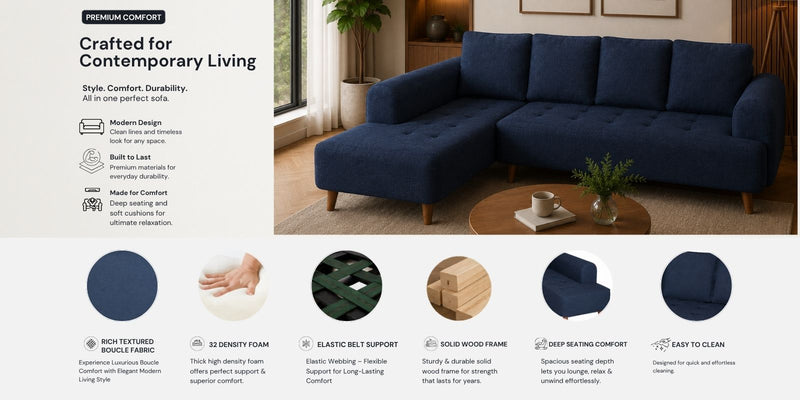Gladiator Boucle Fabric LHS 6 Seater Sectional Sofa In Ink Blue Colour