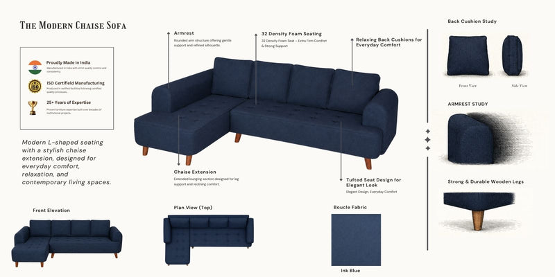 Gladiator Boucle Fabric LHS 6 Seater Sectional Sofa In Ink Blue Colour