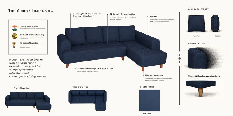 Gladiator Boucle Fabric RHS 6 Seater Sectional Sofa In Ink Blue Colour
