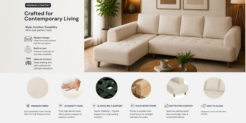 Gladiator Fabric LHS 6 Seater Sectional Sofa In Oat Cream Colour