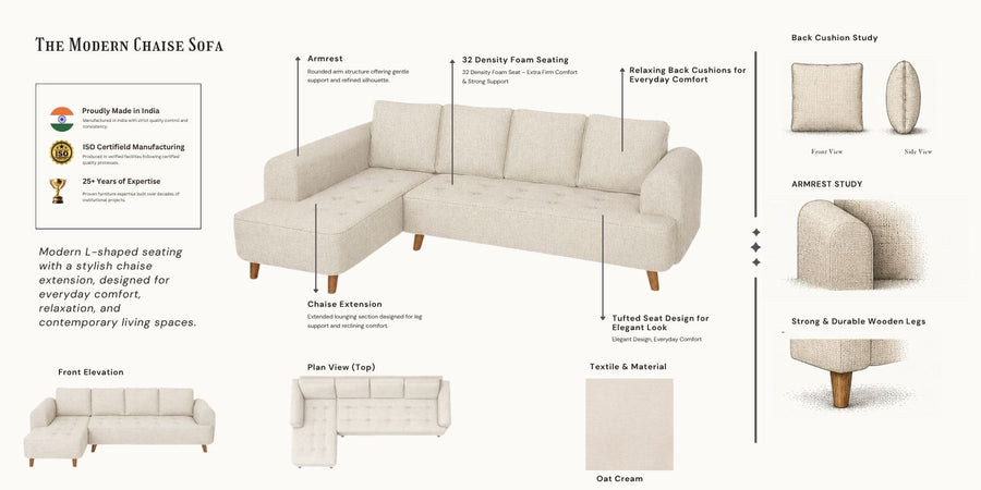 Gladiator Fabric LHS 6 Seater Sectional Sofa In Oat Cream Colour