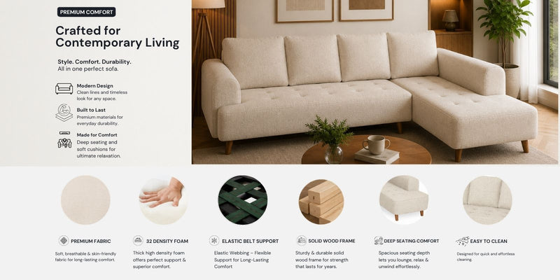 Gladiator Fabric RHS 6 Seater Sectional Sofa In Oat Cream Colour