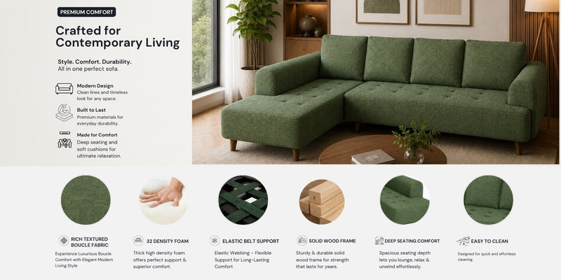 Gladiator Boucle Fabric LHS 6 Seater Sectional Sofa In Sage Brush Colour