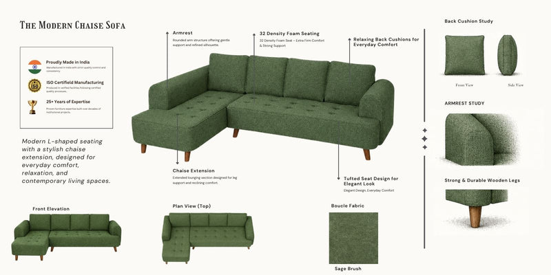 Gladiator Boucle Fabric LHS 6 Seater Sectional Sofa In Sage Brush Colour