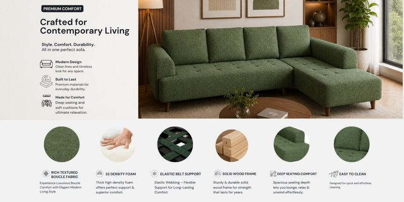Gladiator Boucle Fabric RHS 6 Seater Sectional Sofa In Sage Brush Colour