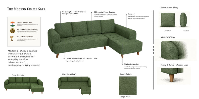 Gladiator Boucle Fabric RHS 6 Seater Sectional Sofa In Sage Brush Colour