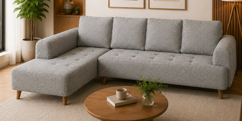 Gladiator Boucle Fabric LHS 6 Seater Sectional Sofa In Silver fluff Colour