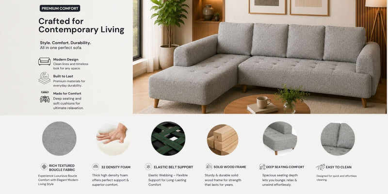 Gladiator Boucle Fabric LHS 6 Seater Sectional Sofa In Silver fluff Colour