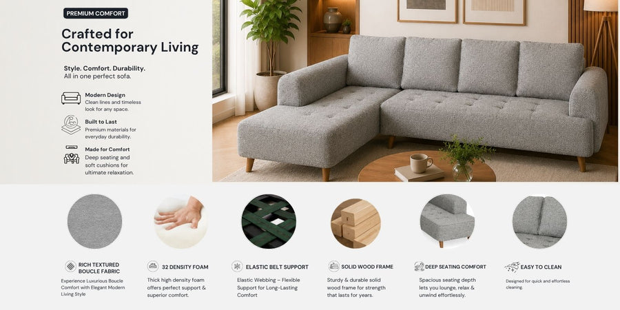 Gladiator Boucle Fabric LHS 6 Seater Sectional Sofa In Silver fluff Colour