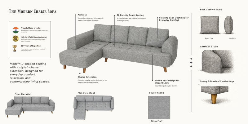 Gladiator Boucle Fabric LHS 6 Seater Sectional Sofa In Silver fluff Colour