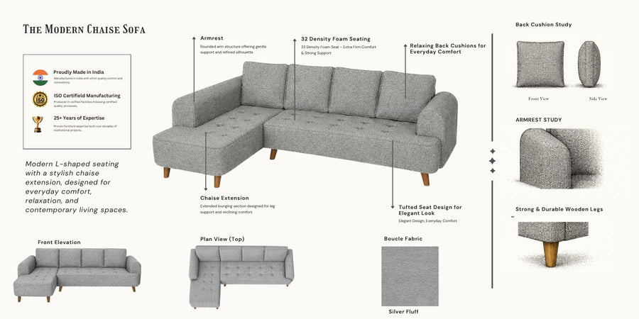 Gladiator Boucle Fabric LHS 6 Seater Sectional Sofa In Silver fluff Colour