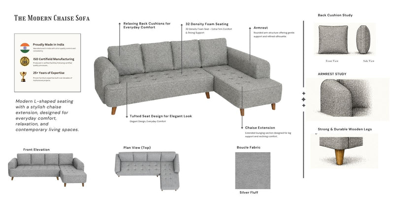 Gladiator Boucle Fabric RHS 6 Seater Sectional Sofa In Silver fluff Colour