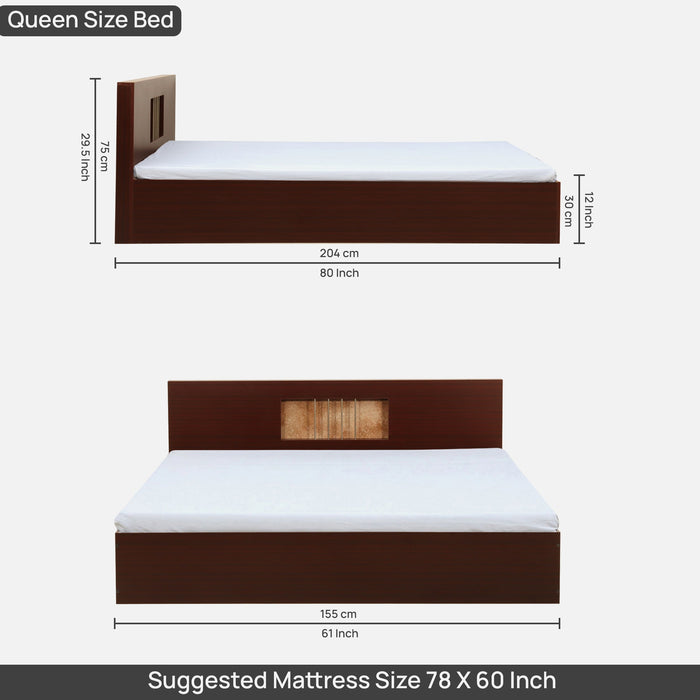 Kyoto Queen Size Bed With Storage In Sapeli & Rustic Gold Colour