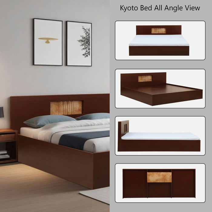 Kyoto Queen Size Bed With Storage In Sapeli & Rustic Gold Colour