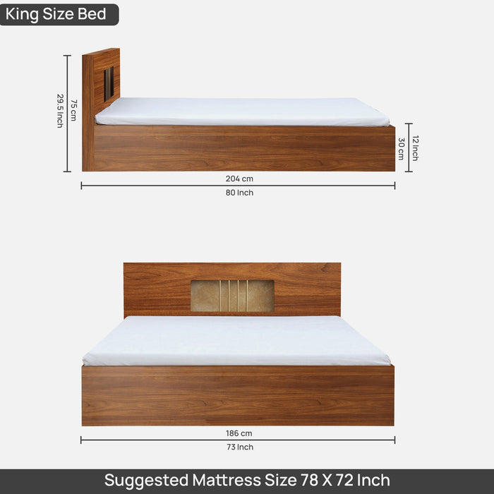 Kyoto King Size Bed With Storage In Bali Teak & Rustic Gold Colour