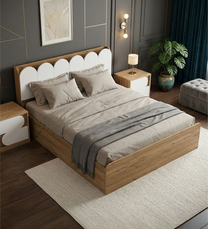 Opera Luxury King Size Bed With Headboard & Hydraulic Storage Bed In Light Walnut & Frosty White Colour