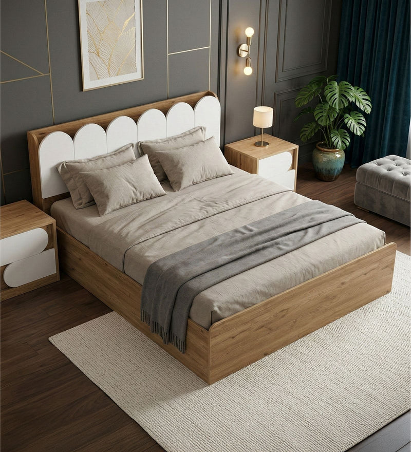 Opera Luxury King Size Bed With Headboard & Hydraulic Storage Bed In Light Walnut & Frosty White Colour