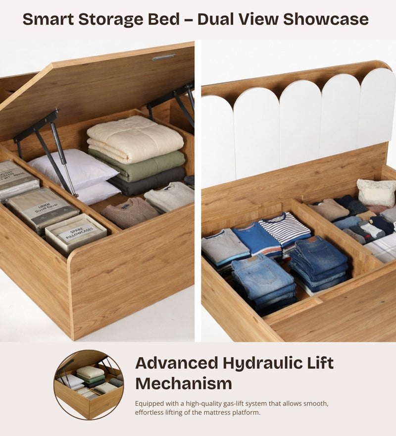 Opera Luxury King Size Bed With Headboard & Hydraulic Storage Bed In Light Walnut & Frosty White Colour