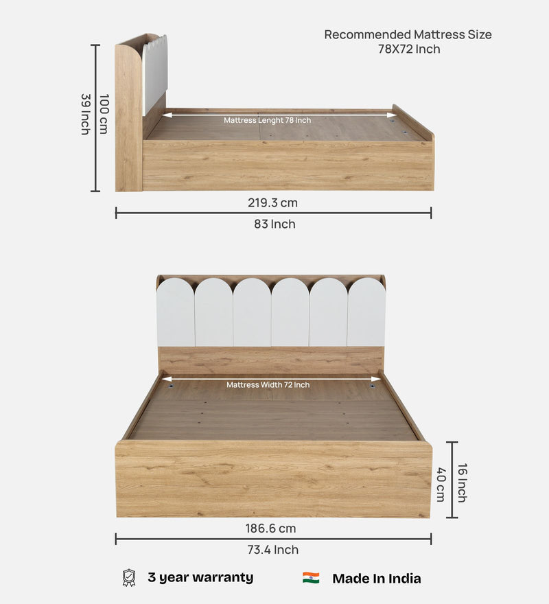 Opera Luxury King Size Bed With Headboard & Hydraulic Storage Bed In Light Walnut & Frosty White Colour