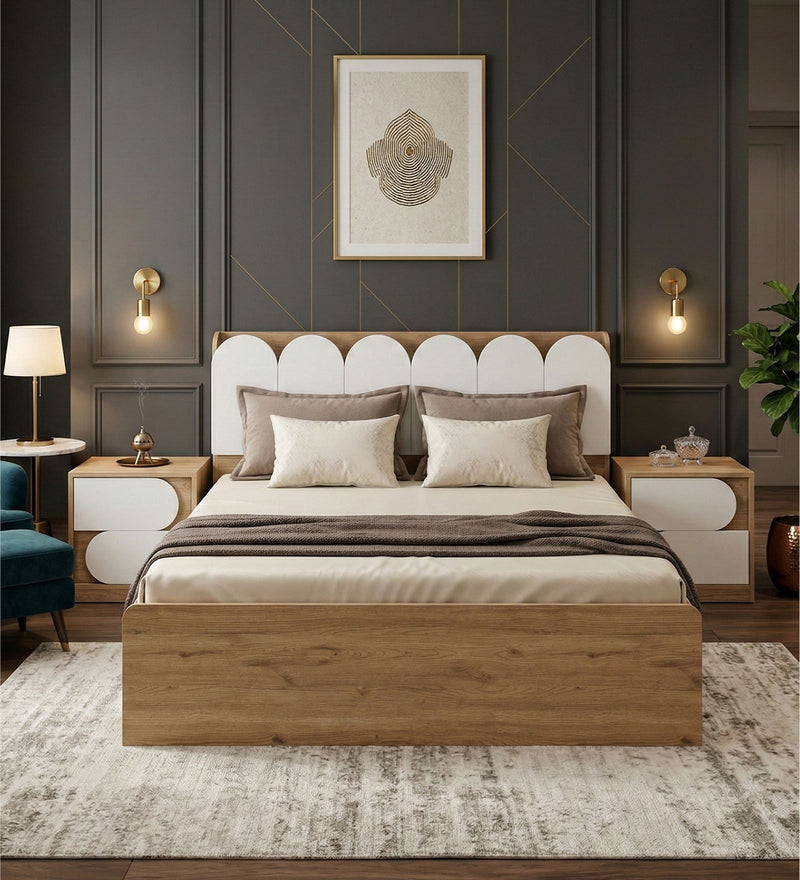 Opera Luxury King Size Bed With Headboard & Hydraulic Storage Bed In Light Walnut & Frosty White Colour