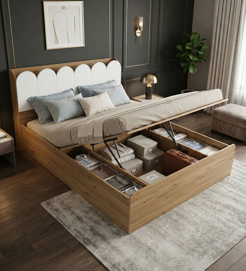 Opera Luxury Queen Size Bed With Headboard & Hydraulic Storage Bed In Light Walnut & Frosty White Colour