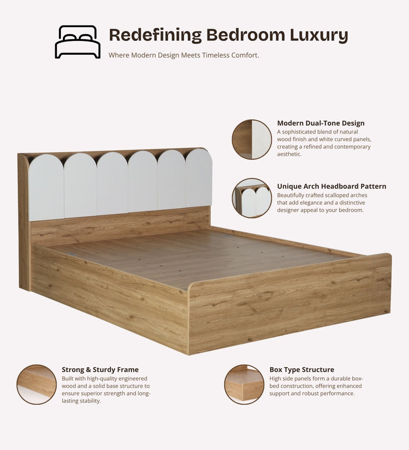 Opera Luxury Queen Size Bed With Headboard & Hydraulic Storage Bed In Light Walnut & Frosty White Colour