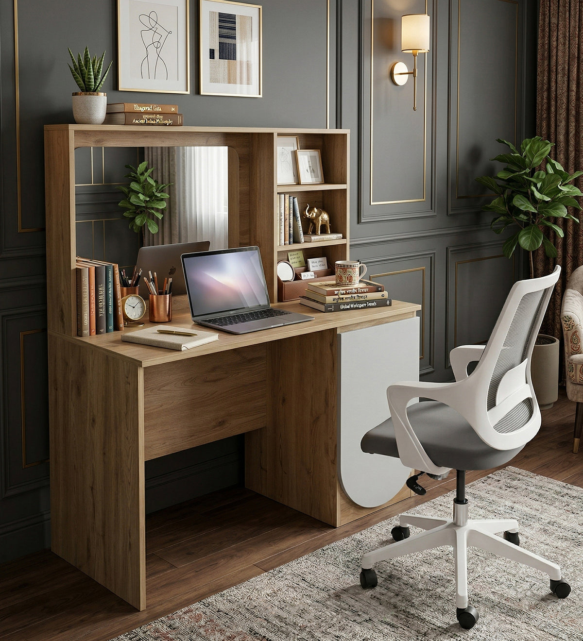 Opera Luxury Study Table In Light Walnut & Frosty White Colour — TREVI ...