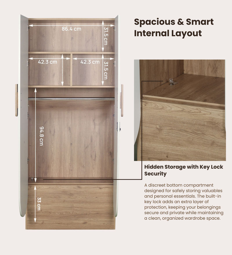 Opera Luxury 2 Door Wardrobe With Hidden Storage & Locker In Light Walnut & Frosty White Colour