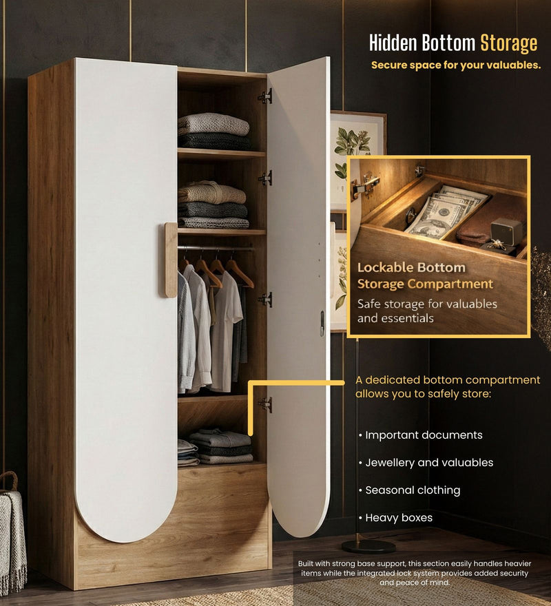 Opera Luxury 2 Door Wardrobe With Hidden Storage & Locker In Light Walnut & Frosty White Colour