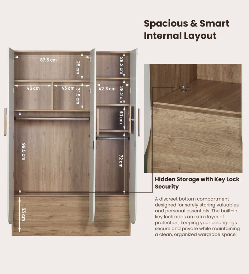Opera Luxury 3 Door Wardrobe With Hidden Storage & Locker In Light Walnut & Frosty White Colour