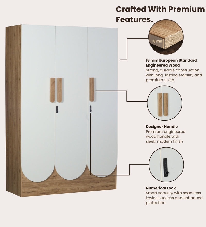Opera Luxury 3 Door Wardrobe With Hidden Storage & Locker In Light Walnut & Frosty White Colour