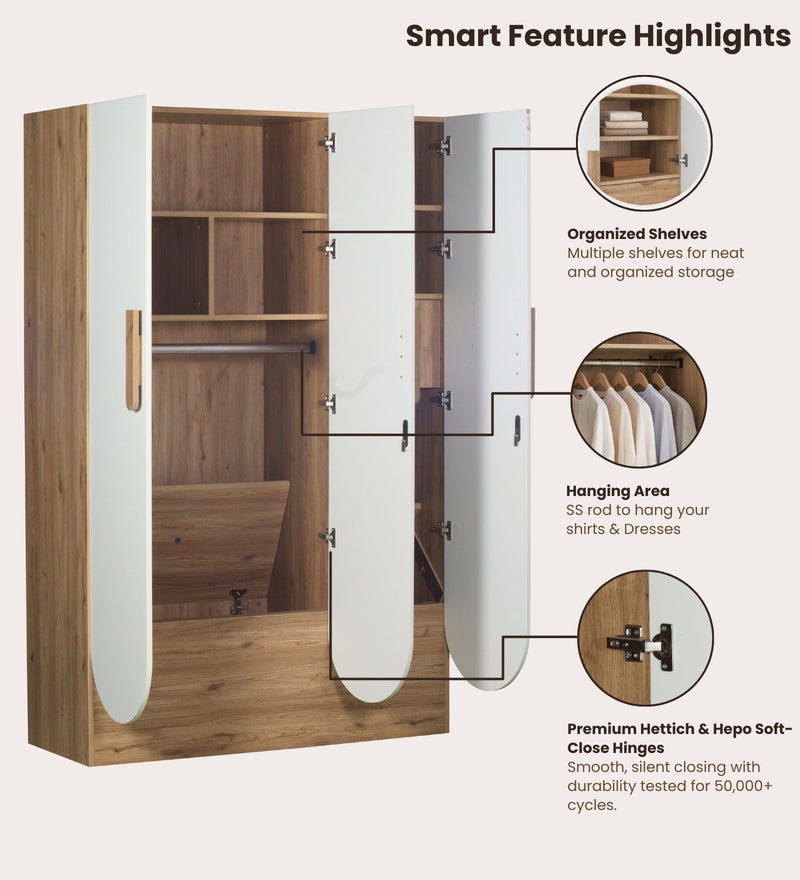 Opera Luxury 3 Door Wardrobe With Hidden Storage & Locker In Light Walnut & Frosty White Colour