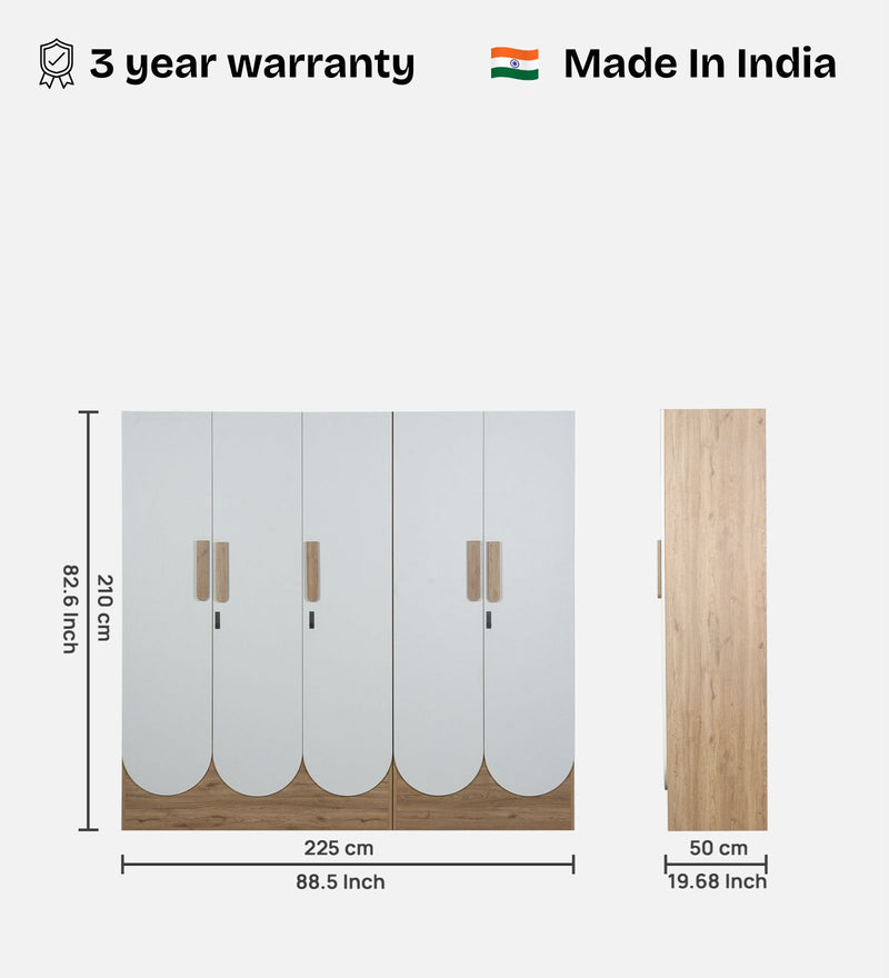Opera Luxury 5 Door Wardrobe With Hidden Storage & Locker In Light Walnut & Frosty White Colour