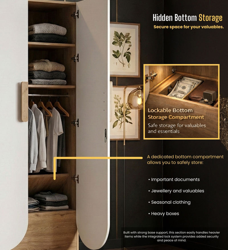 Opera Luxury 5 Door Wardrobe With Hidden Storage & Locker In Light Walnut & Frosty White Colour