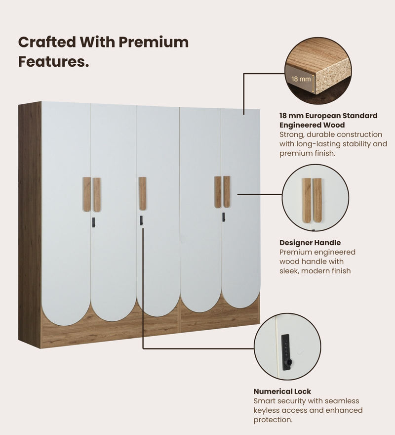 Opera Luxury 5 Door Wardrobe With Hidden Storage & Locker In Light Walnut & Frosty White Colour