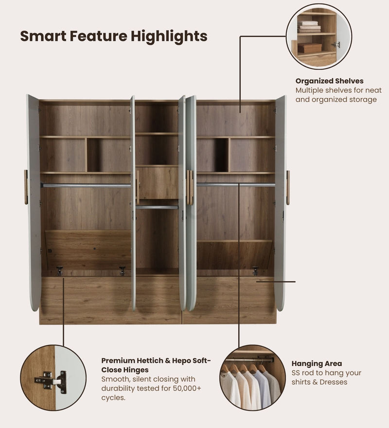 Opera Luxury 5 Door Wardrobe With Hidden Storage & Locker In Light Walnut & Frosty White Colour